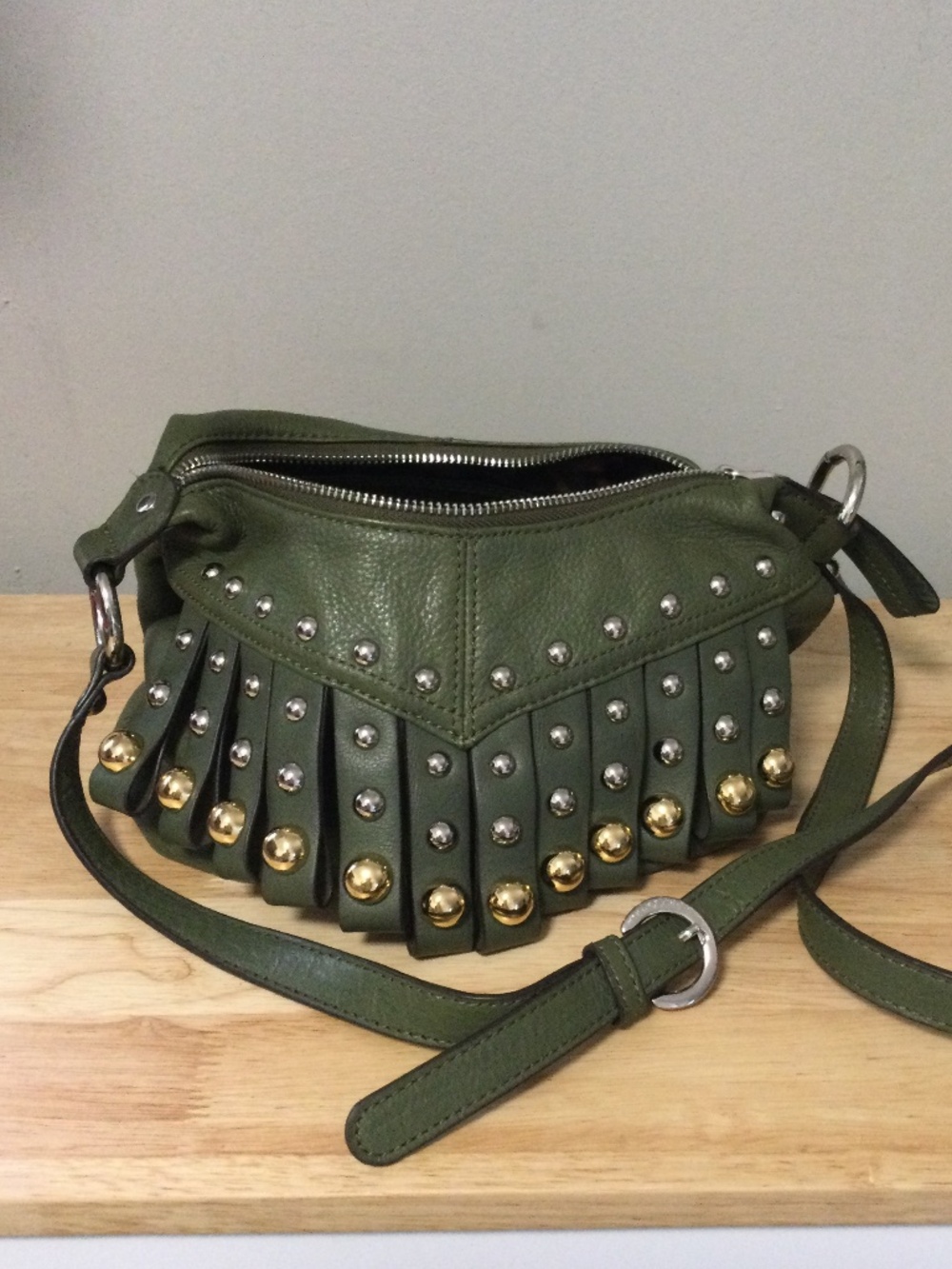 B. Makowsky Olive Green Leather Studded Hobo Crossbody Bag
